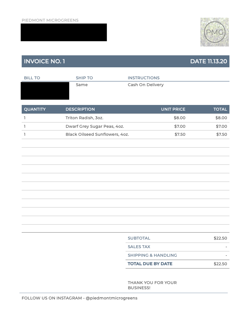 Piedmont Microgreens’s First Invoice