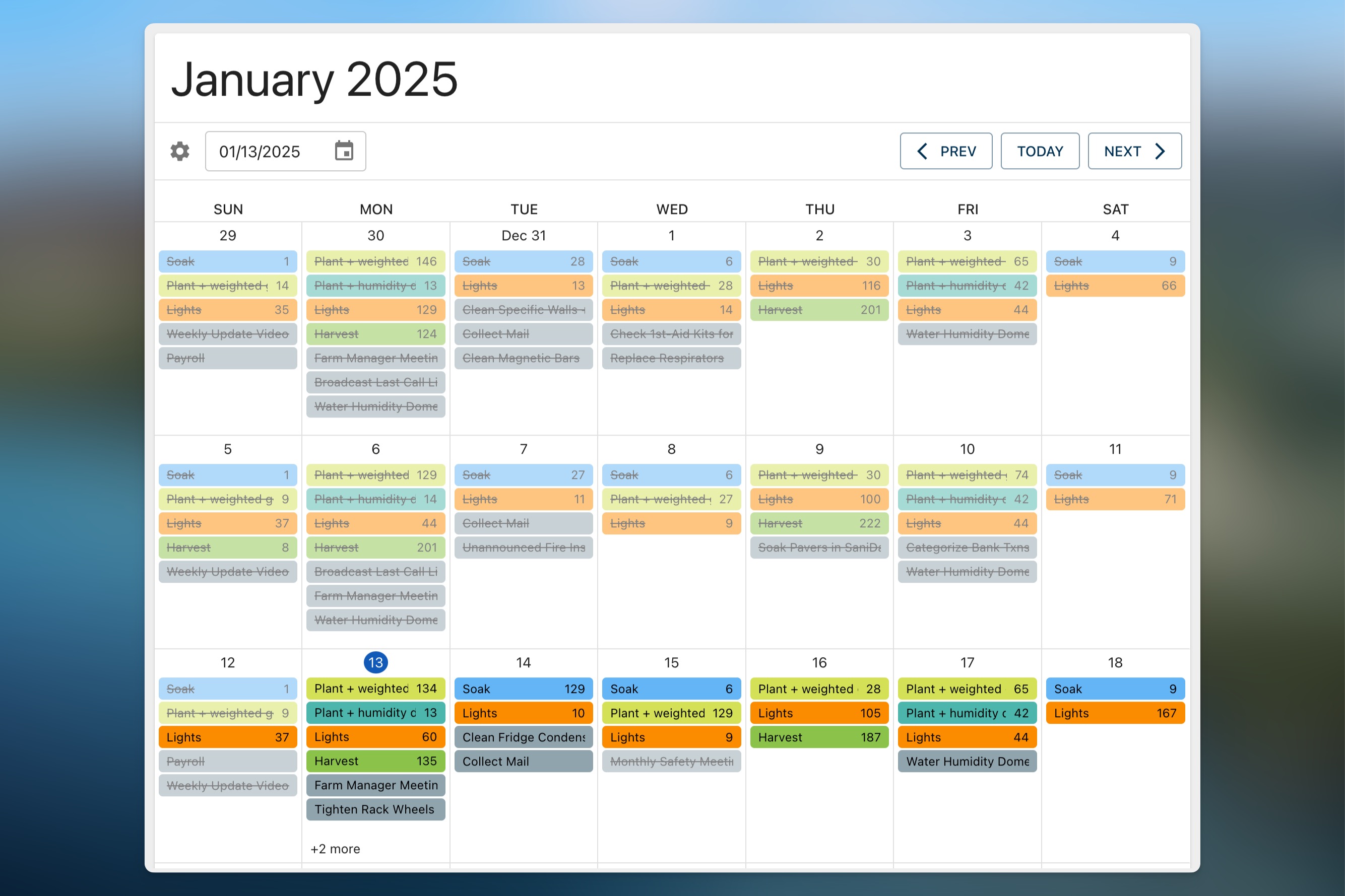 Microgreen Manager screenshot showing a calendar view