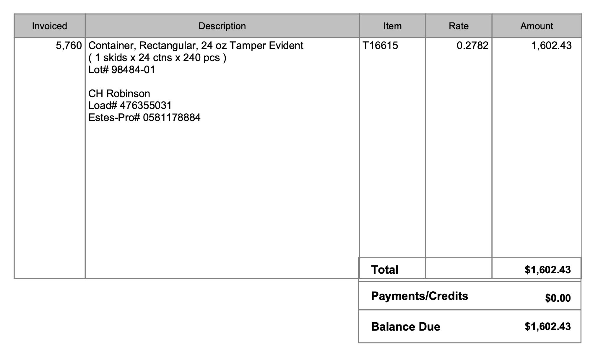 Invoice for Lacerta PET Packaging