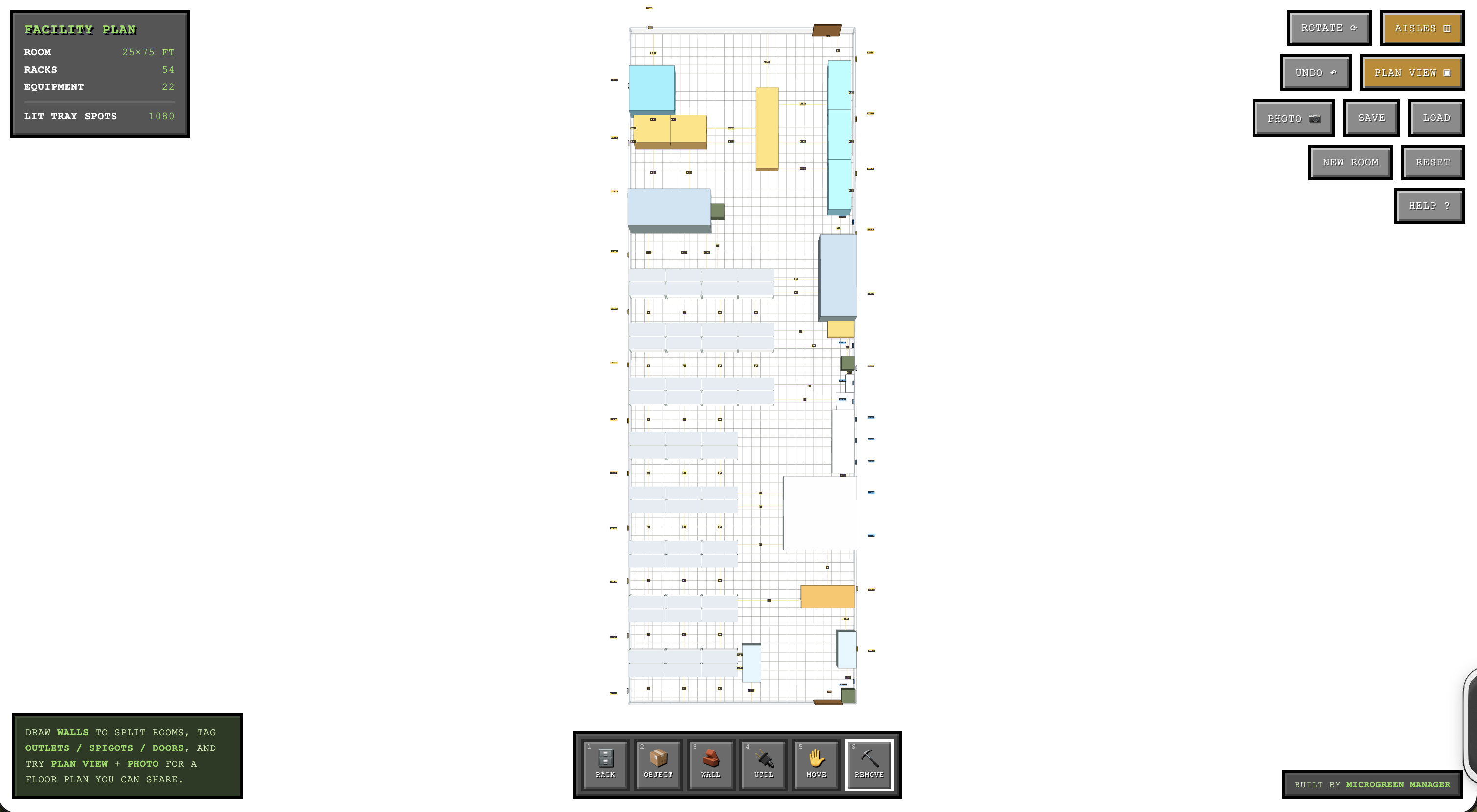 Plan View provides a bird’s eye-view of the whole facility, including distance markers and utility labels. This perspective is perfect for sharing with a general contractor or architect.