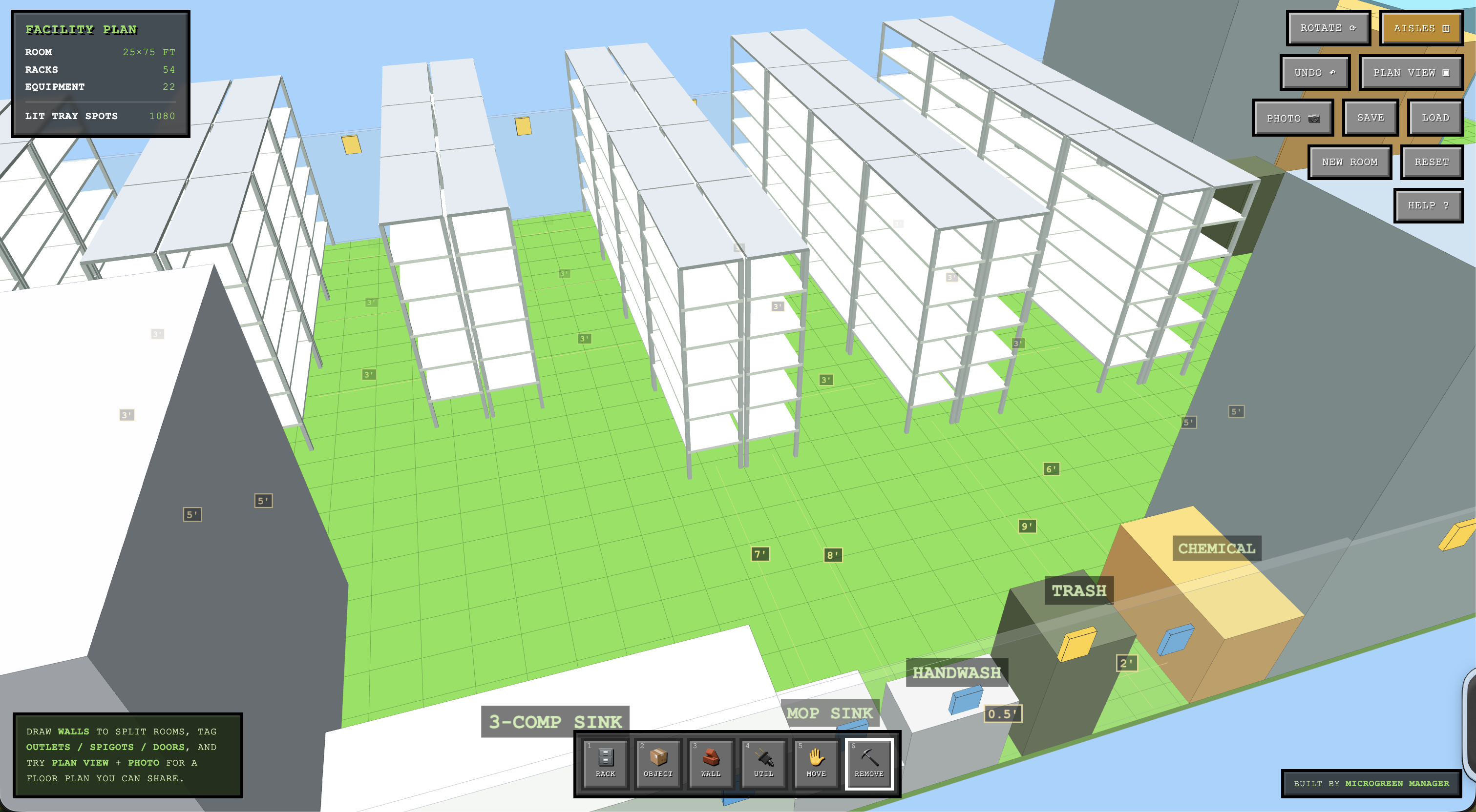 If you zoom in enough, you’ll see custom labels for each piece of equipment, as well as small distance tags that measure the space between all objects.