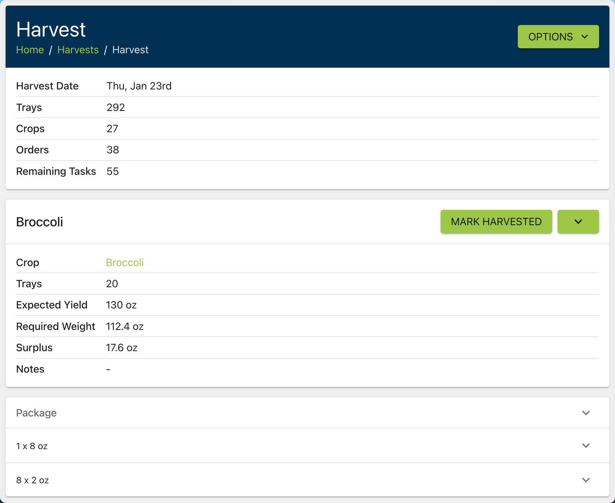 Microgreen Manager screenshot of a harvest summary page