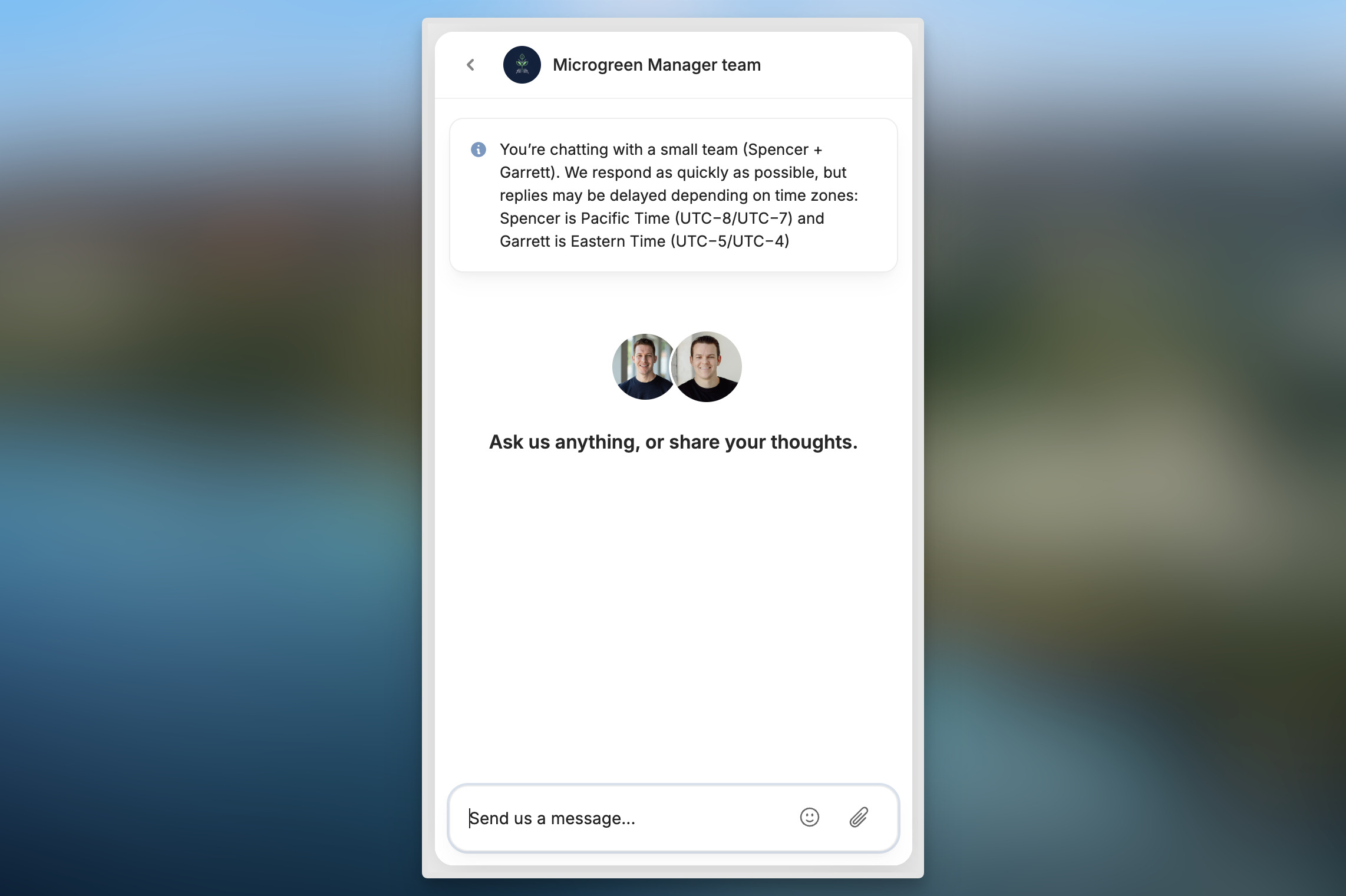 Microgreen Manager screenshot showing in-app live chat support