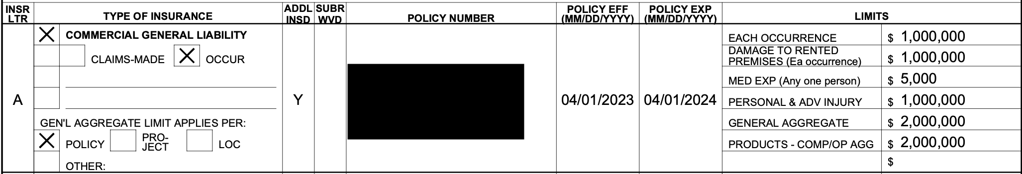 General Liability Insurance (CGL): Schedule of Limits