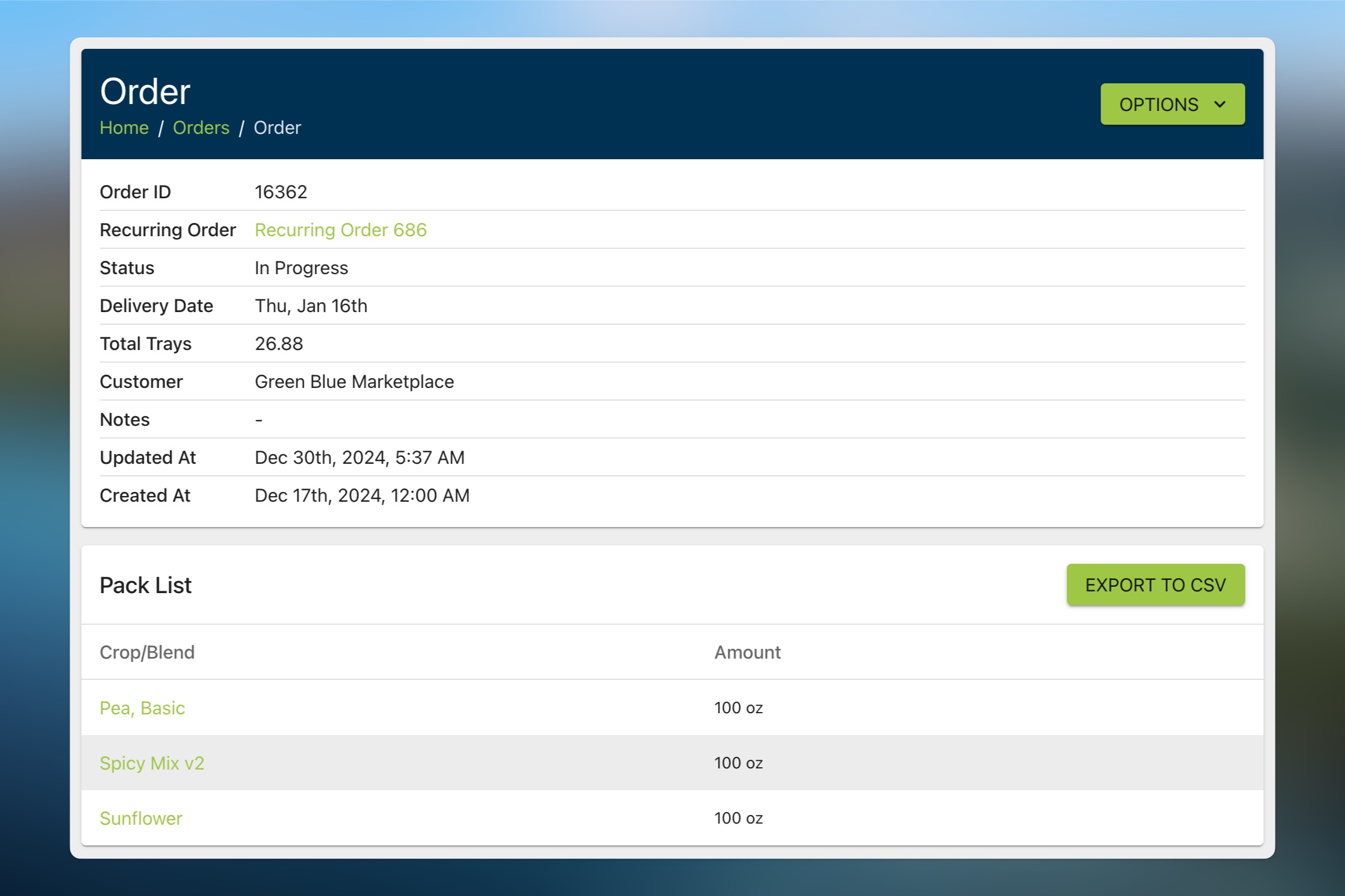 Microgreen Manager screenshot showing recurring orders