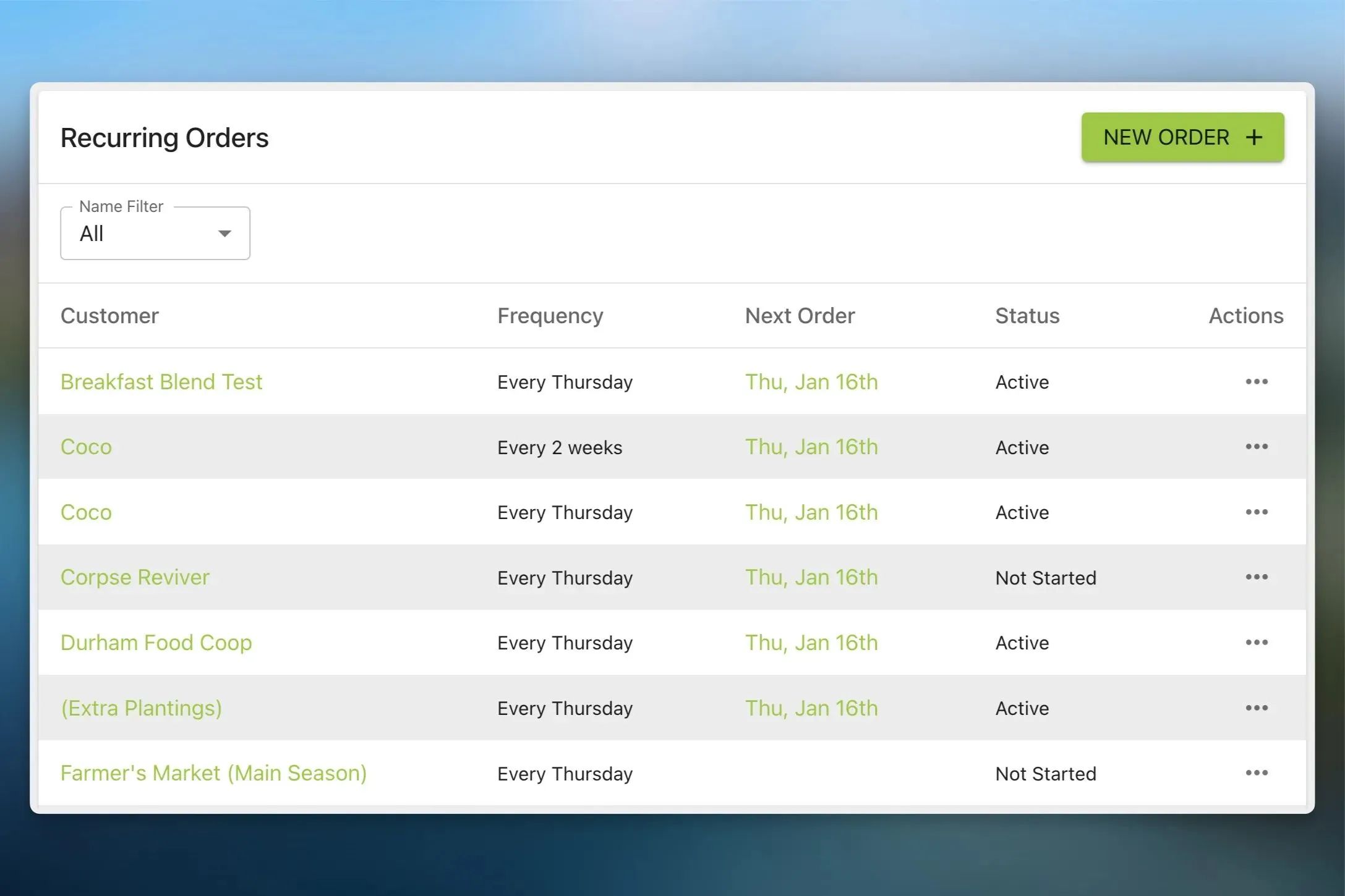 Microgreen Manager screenshot showing a list of recurring orders