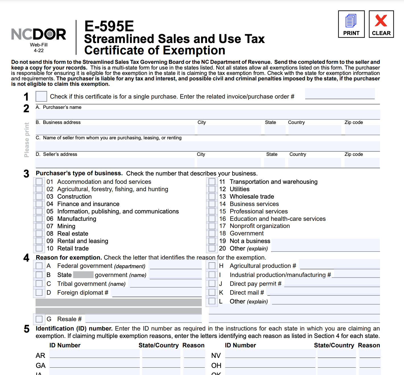 NC Department of Revenue: E-595E Streamline Sales & Use Tax Certificate of Exemption Form