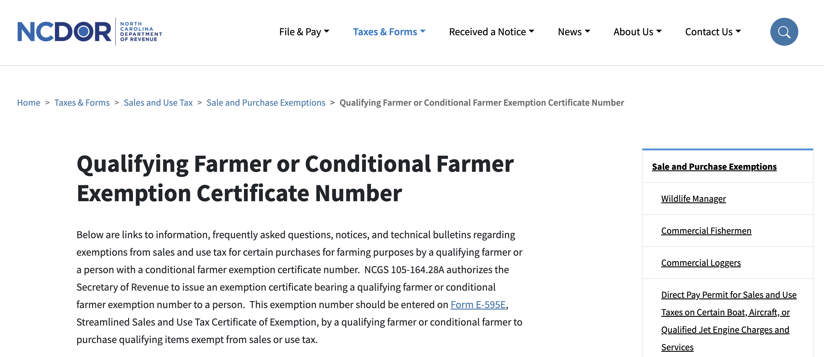 NC Department of Revenue Website: Qualifying Farmer Exemption