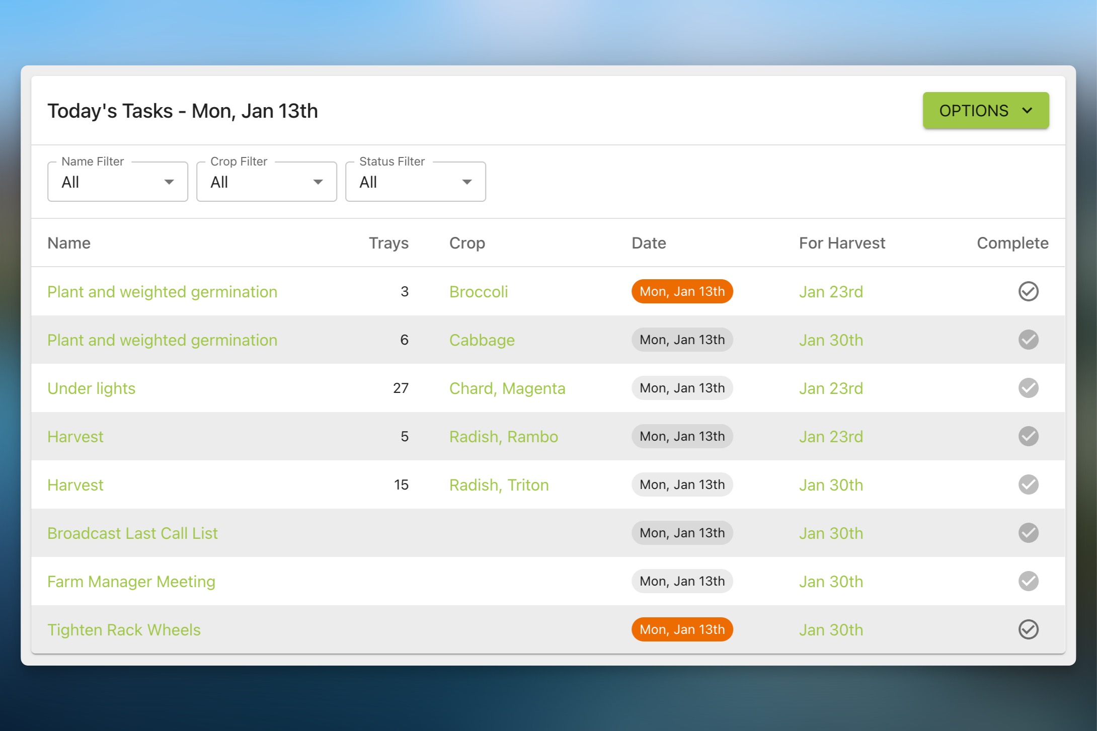 Microgreen Manager screenshot showing daily tasks on the dashboard